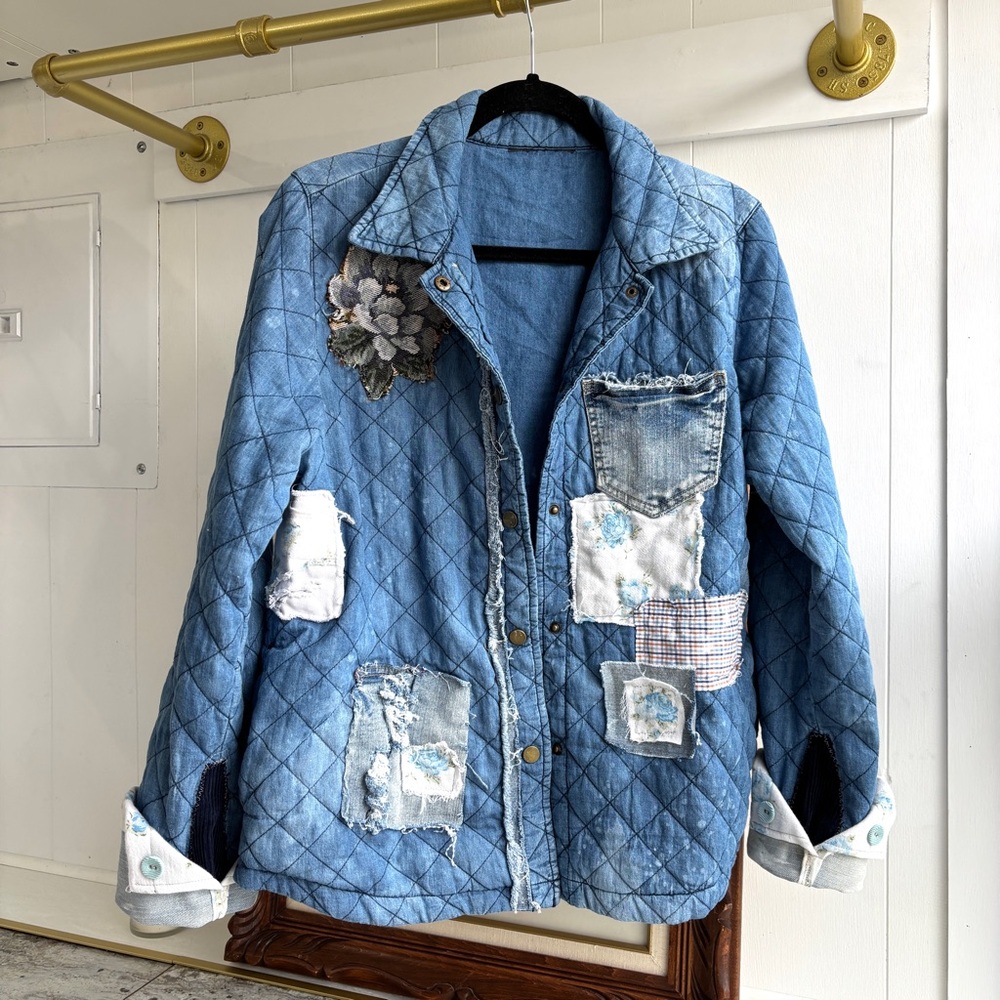 Quilted Denim Chambray Patchwork Fall Jacket Cottagecore Embroidered Floral